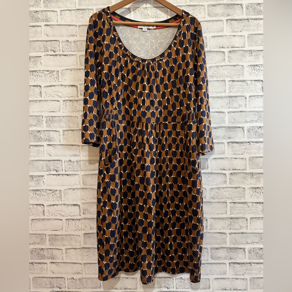 Women’s Boden Navy Blue And Brown Scoop Neck Long Sleeve Dress Size 12r